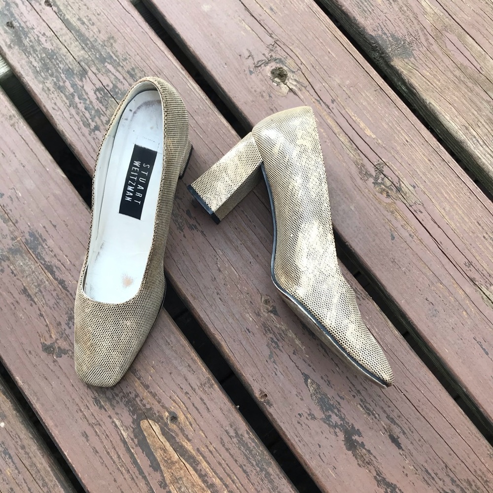 Stuart Weitzman Snake Print Heels Block Heel Gold… - image 1